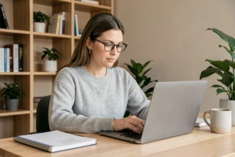 Femme utilisant un ordinateur portable pour lire en ligne en toute sécurité dans un bureau à domicile moderne