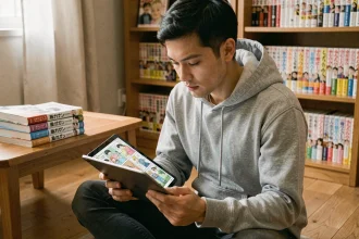 Jeune homme lisant des mangas en scan sur une tablette entouré de volumes physiques dans un appartement cosy