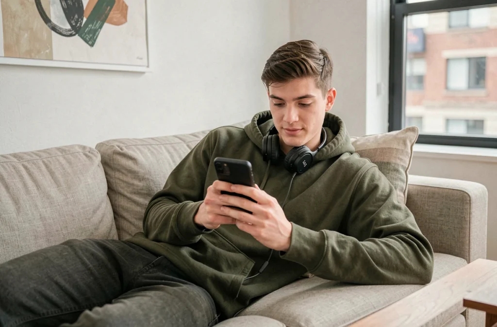 Jeune adulte lisant sur smartphone depuis un canapé dans un appartement moderne, illustration de la lecture numérique fluide