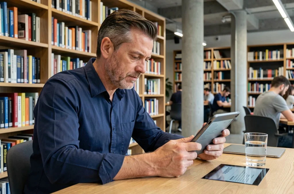 Homme lisant sur une tablette numérique dans une bibliothèque moderne avec des étagères de livres en arrière-plan