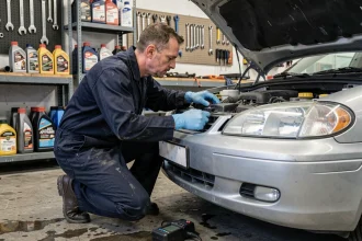 Mécanicien inspectant le moteur d'une voiture avant un voyage estival dans un garage privé