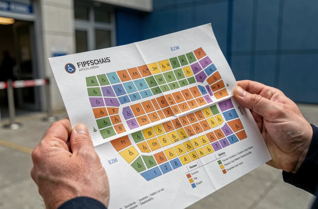 Plan de salle imprimé de l'Accor Arena Paris avec zones accessibles aux personnes handicapées mises en évidence