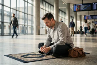 Voyageur musulman effectuant la prière sur un tapis de voyage dans une gare moderne de Montpellier