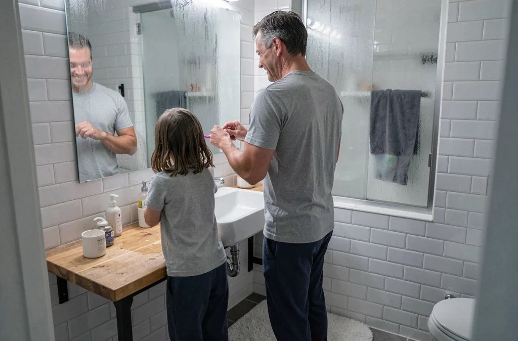 Père aidant sa fille à se brosser les dents devant le miroir de la salle de bain lors du rituel du soir