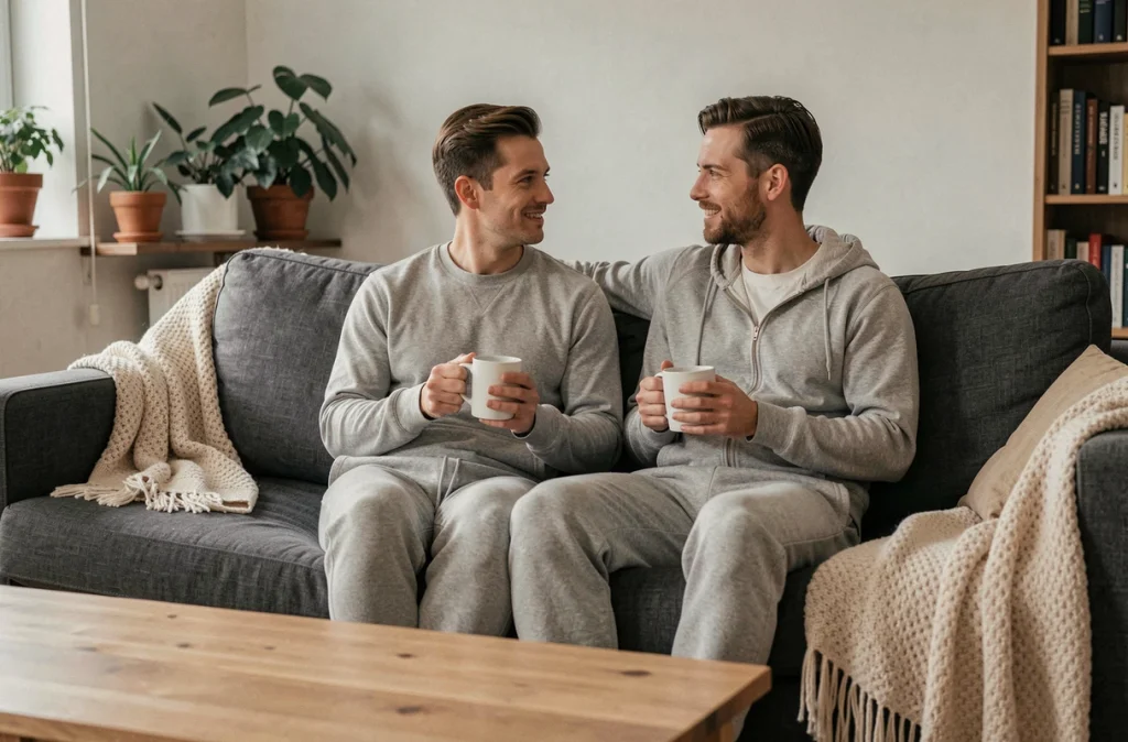 Couple se relaxant sur un canapé avec des tasses de tisane dans le cadre de leur rituel du soir apaisant