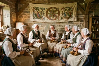 Groupe de musiciens bretons en costume traditionnel réunis dans une salle de village pour une session de gwers, instruments à vent et costumes brodés visibles