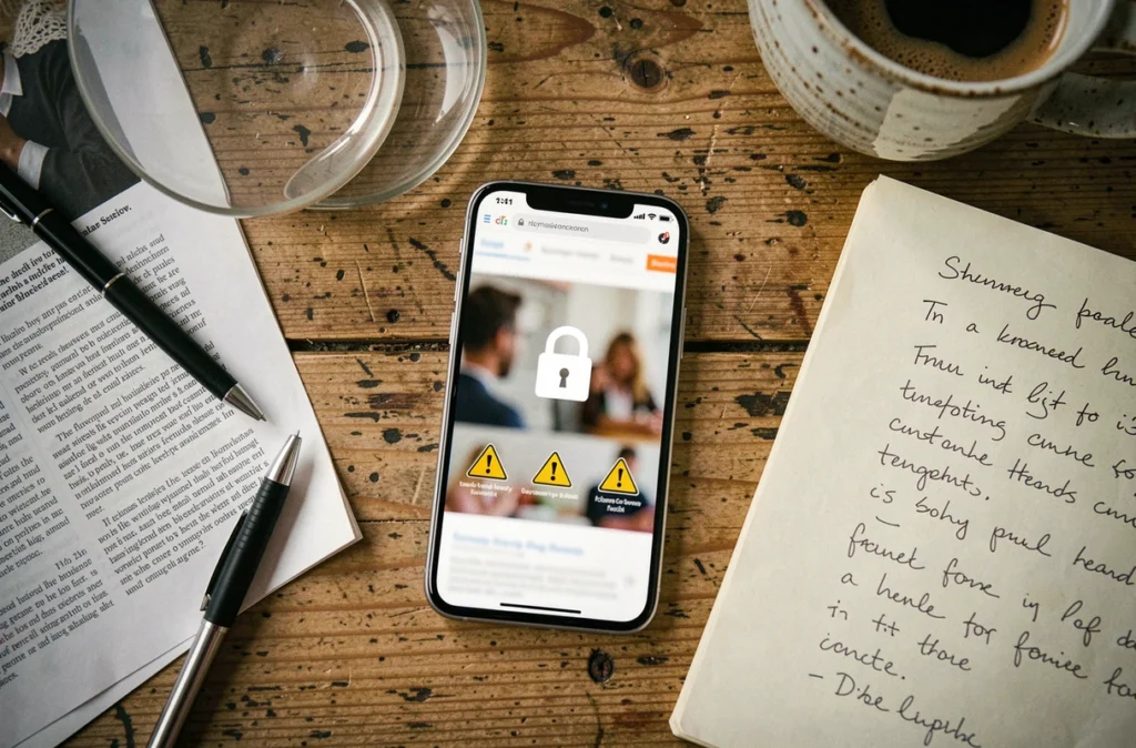 Vue aérienne d'un smartphone affichant un site web avec icône d'avertissement entouré de notes manuscrites sur les risques juridiques