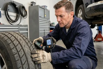 Technicien automobile mesurant la pression de pneu à 69 psi avec un manomètre numérique dans un atelier de garage professionnel