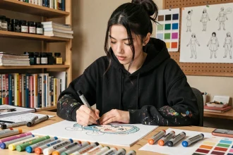 Jeune femme dessinant et coloriant un personnage de BD style Mortelle Adèle avec des marqueurs professionnels dans un studio d'art maison