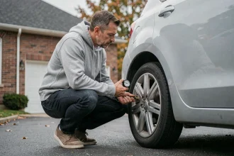 Homme vérifiant la pression des pneus de sa voiture dans une allée résidentielle pour réduire la consommation de carburant