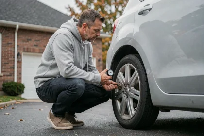 Homme vérifiant la pression des pneus de sa voiture dans une allée résidentielle pour réduire la consommation de carburant