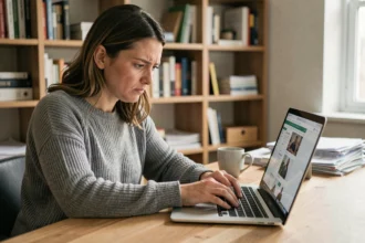 Femme scrutant un site e-commerce inconnu sur son ordinateur portable avec une expression dubitative