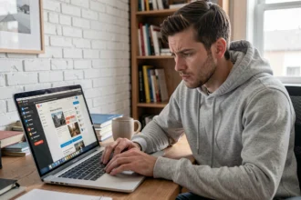 Homme vérifiant l'authenticité d'un site web sur son ordinateur portable dans un bureau à domicile
