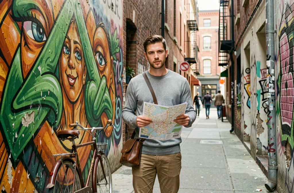 Voyageur consultant une carte devant une fresque murale urbaine colorée, exploration culturelle à petit budget
