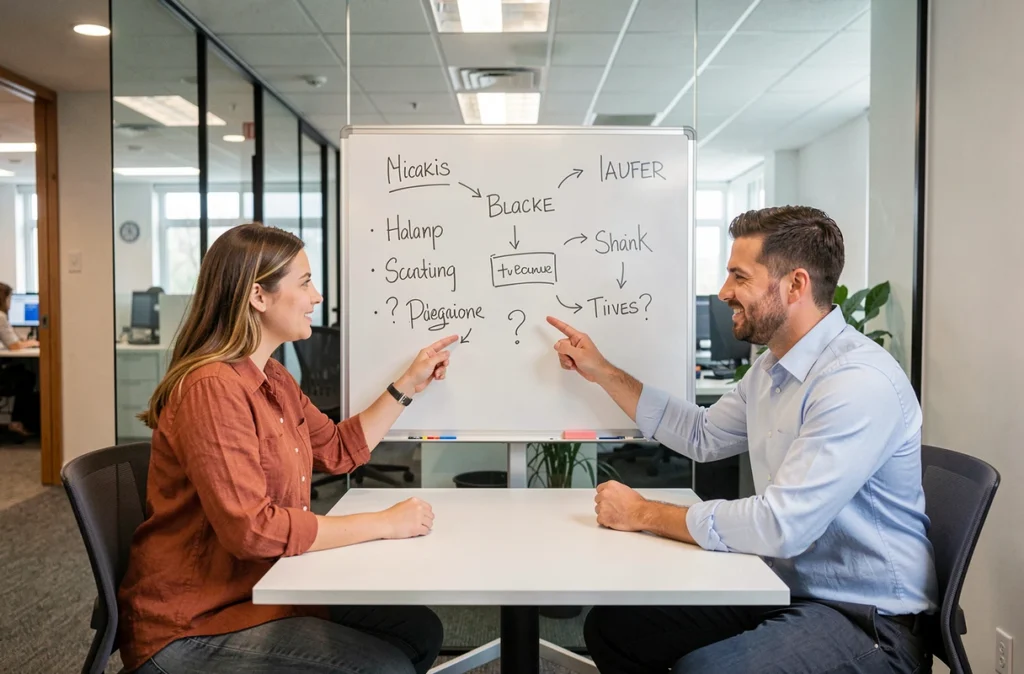 Deux collègues dans une salle de réunion analysant un tableau blanc avec les différentes variantes orthographiques d'HERICOM et HERICOM Media
