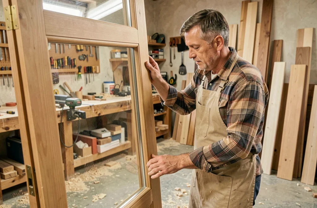 Artisan d'A.P Menuiserie posant un panneau de verre dans un cadre en bois sur mesure dans un atelier de menuiserie de l'Hérault
