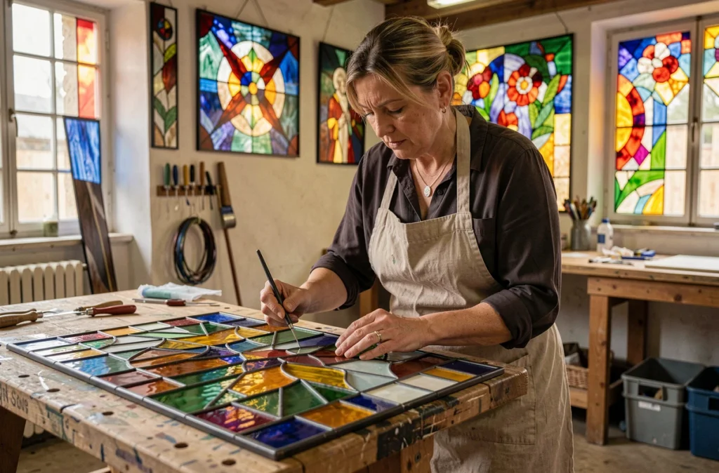 Artisane de l'Atelier Abel-Ange Vitraux soudant un vitrail en plomb coloré dans un atelier traditionnel de l'Hérault