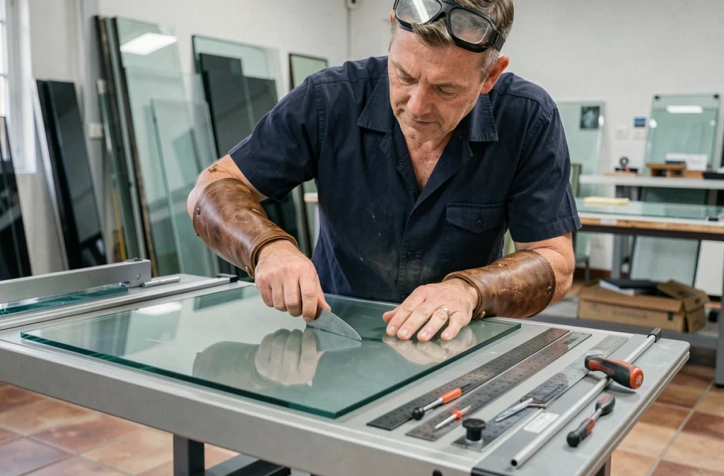 Artisan de l'Atelier Berneron découpant une vitre en verre trempé sur une table de découpe professionnelle dans un atelier de l'Hérault