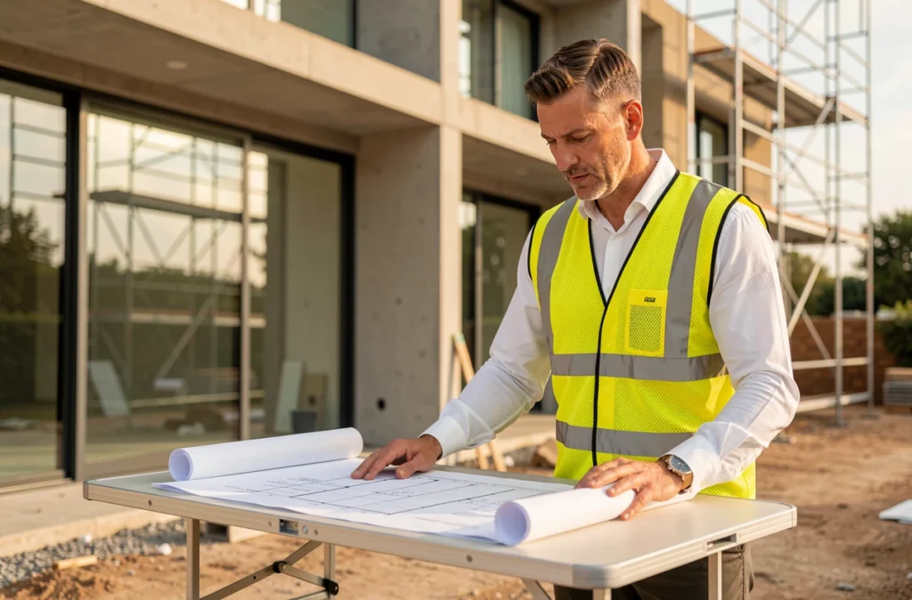 Professionnel de BATIPIC consultant des plans de chantier devant un bâtiment en rénovation avec des vitrages dans l'Hérault
