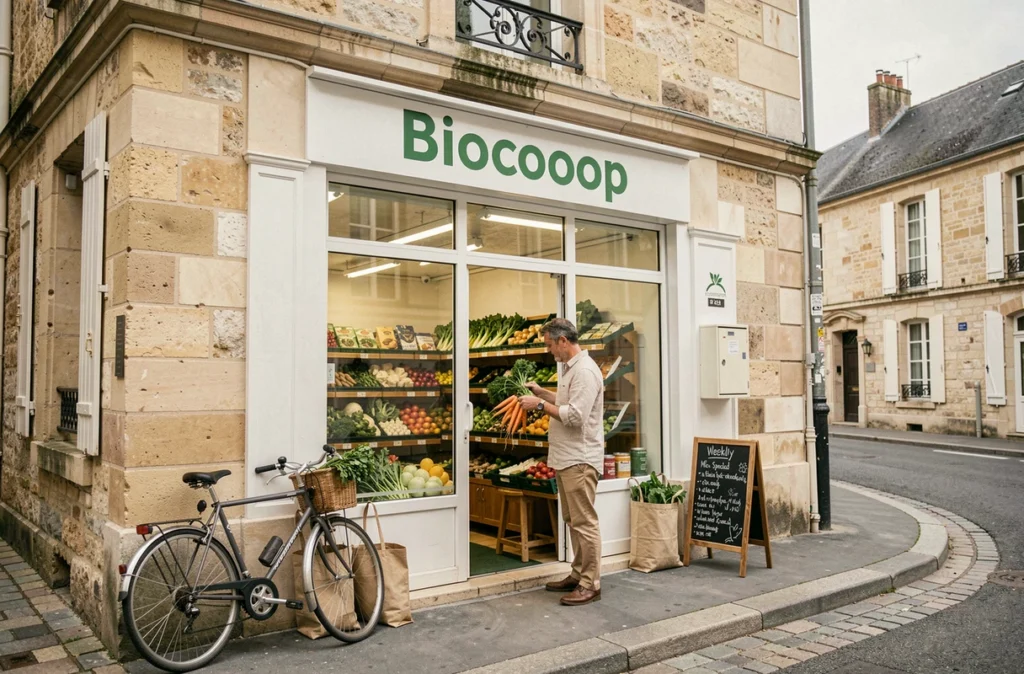 Devanture d'une épicerie Biocoop de proximité à Le Raincy avec un client examinant des légumes frais