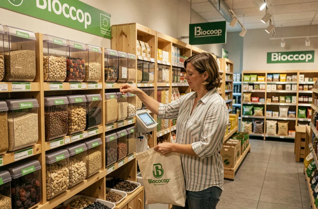 Cliente remplissant un sac réutilisable au rayon vrac étendu du Biocoop Saint-Ouen-sur-Seine