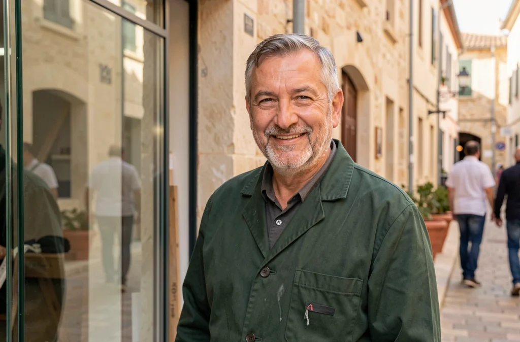 Vitrier indépendant Carlo Roccella devant une devanture commerciale en verre fraîchement installée dans une rue méditerranéenne de l'Hérault