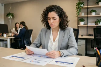 Femme perplexe dans un bureau comparant plusieurs documents avec des noms de marques similaires comme HERICOM et HARICOM