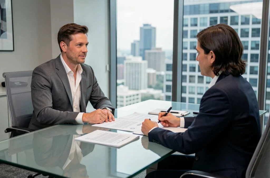 Homme consultant un avocat pour un litige employeur avec des documents juridiques sur une table en verre