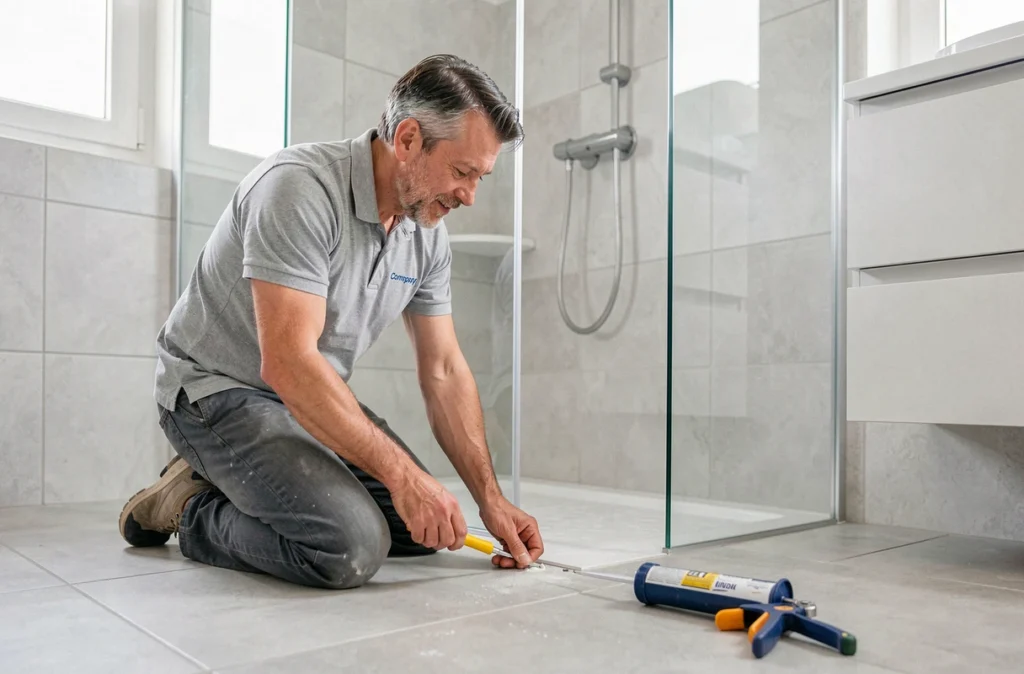 Artisan d'Etienne Services scellant les bords d'une paroi de douche en verre dans une salle de bain moderne de l'Hérault