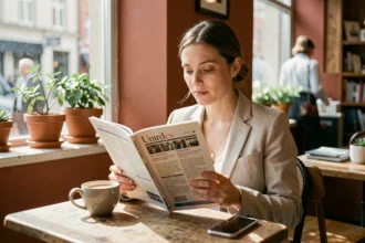 Femme lisant un magazine local dans un café urbain, agenda culturel et sorties en ville