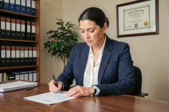 Femme rédigeant une lettre formelle pour un litige avec son employeur dans un bureau à domicile