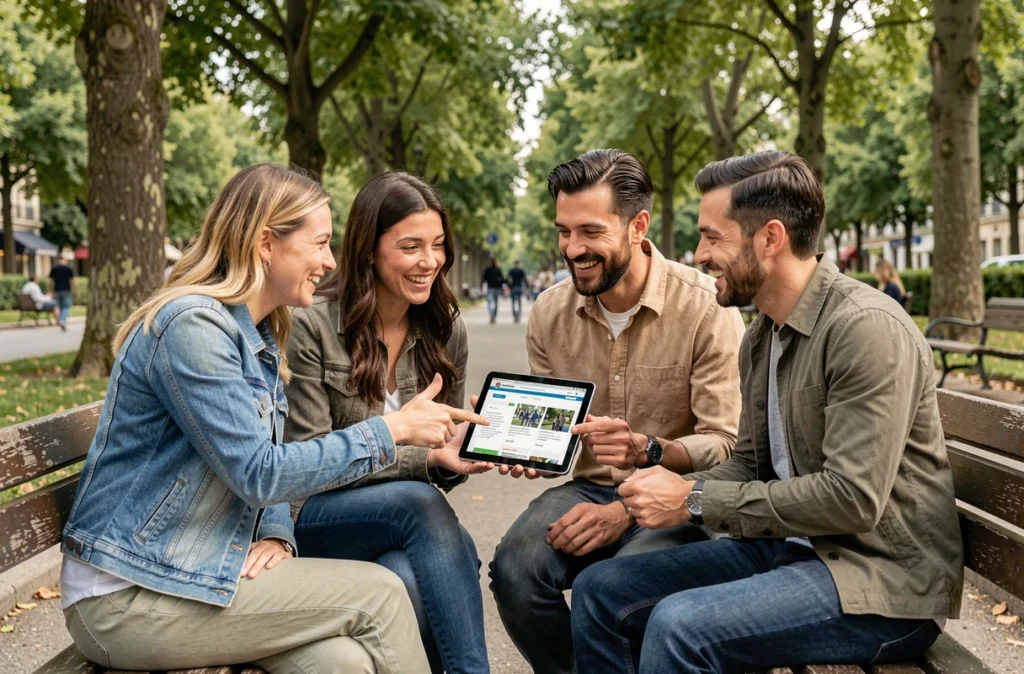Groupe d'amis consultant un agenda de sorties en ligne dans un parc urbain le week-end