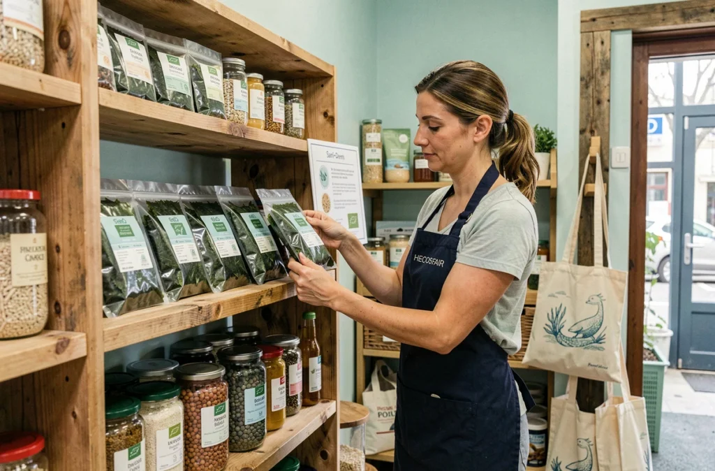 Employée HECOSFAIR à Saint-Denis arrangeant des produits d'algues marines bio dans un rayon d'épicerie bio