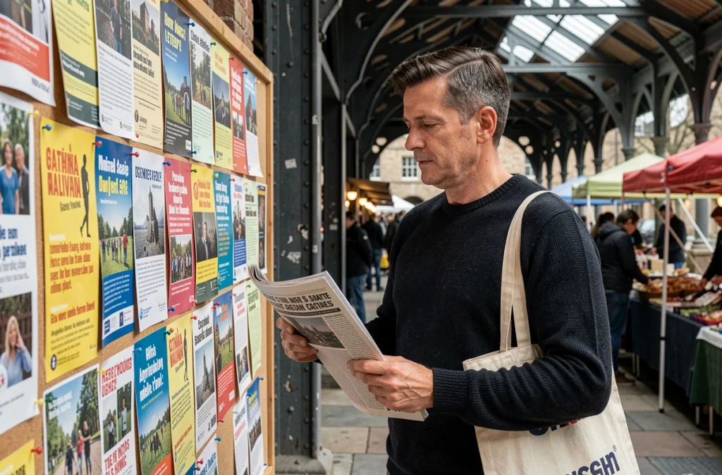 Homme consultant des affiches d'événements locaux sur un panneau d'affichage communautaire dans un marché couvert