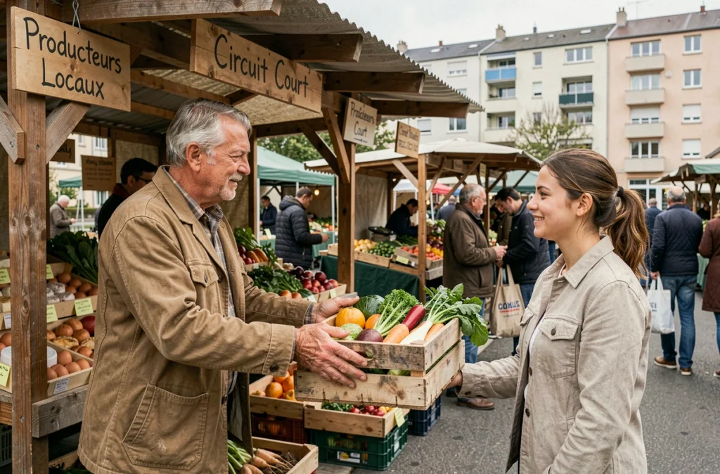 Agriculteur remettant une caisse de légumes frais à une cliente au marché en circuit court bio Le Relais des Producteurs en Seine-Saint-Denis
