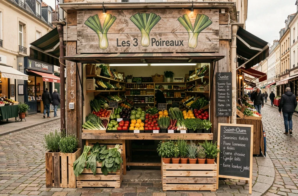 Étal extérieur du magasin bio Les 3 Poireaux à Saint-Ouen avec légumes frais et enseigne illustrée de poireaux