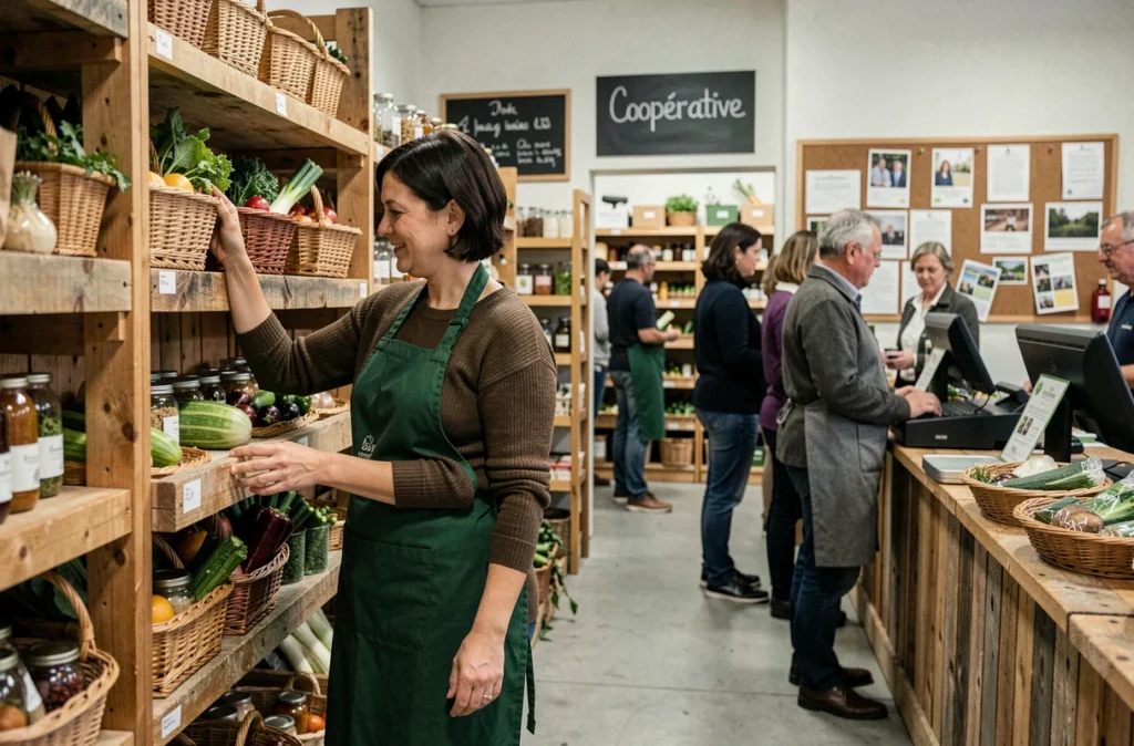 Employée en tablier vert réapprovisionnant les rayons d'un magasin bio coopératif Les Nouveaux Robinson à Montreuil