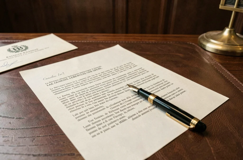 Gros plan d'une lettre formelle adressée à un avocat pour un litige avec un employeur posée sur un bureau en chêne