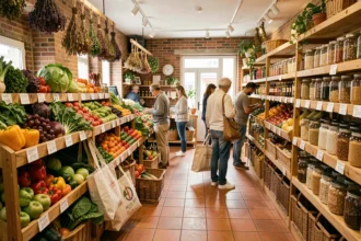 Intérieur d'un magasin bio en Seine-Saint-Denis avec rayons de produits frais et en vrac