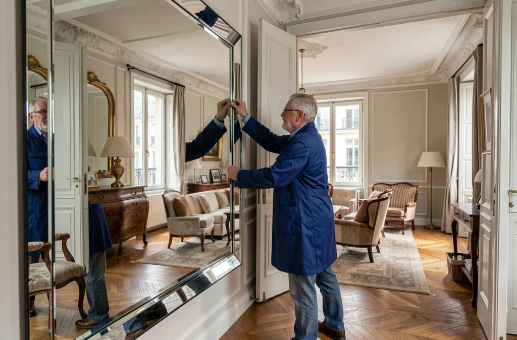 Miroitier Maurice installant un grand miroir biseauté sur mesure dans un appartement élégant, illustrant son savoir-faire de vitrier dans l'Hérault