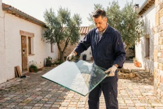 Vitrier professionnel portant une grande vitre dans une cour méditerranéenne de l'Hérault, illustration du top 10 des meilleurs vitriers de la région