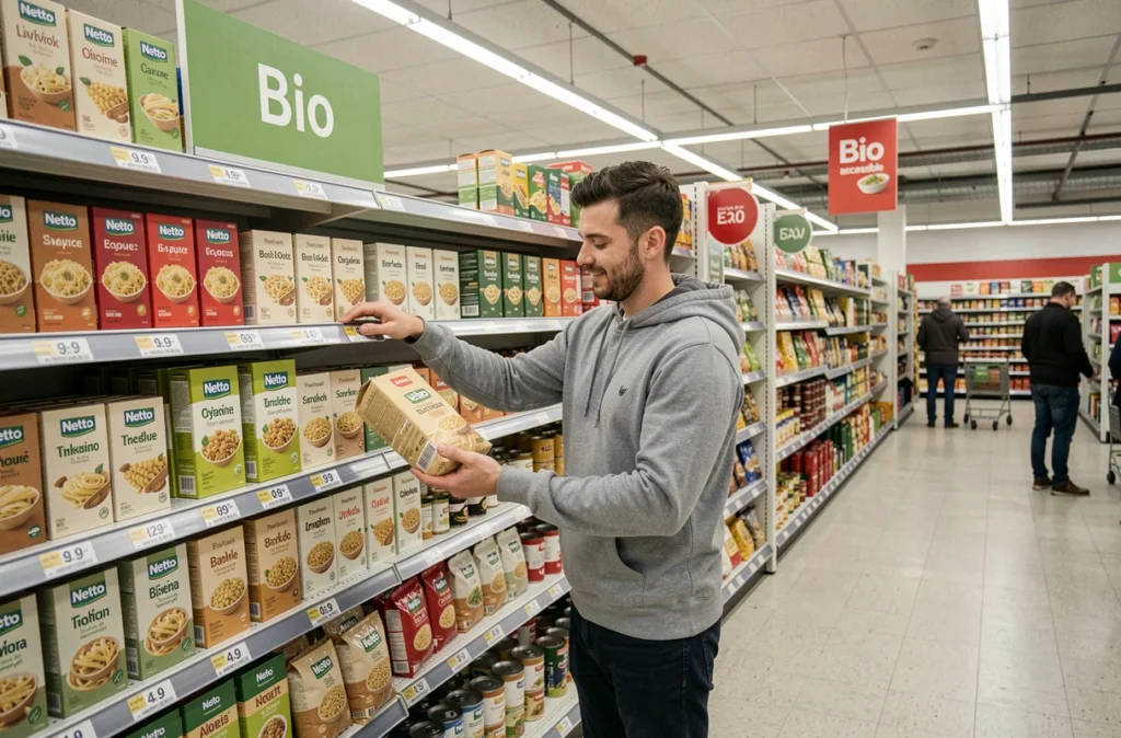 Client comparant des pâtes bio en rayon dans un supermarché Netto à Livry-Gargan proposant des produits bio accessibles à petit prix
