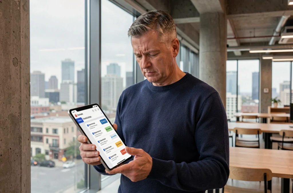 Homme consultant une tablette affichant des résultats de recherche confus entre HERICOM, HERICOM Media et HARICOM dans un espace de coworking