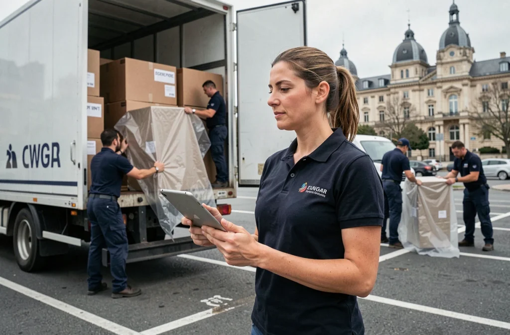 Coordinatrice de déménagement supervisant le chargement d'un camion de déménagement professionnel à Toulouse, Haute-Garonne
