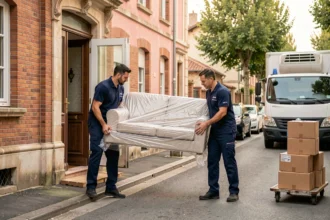 Deux déménageurs professionnels portant un canapé emballé devant une maison en briques roses typique de Toulouse en Haute-Garonne