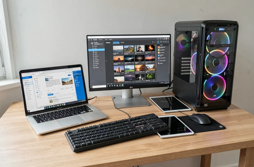Portable, ordinateur fixe et tablette posés côte à côte sur un bureau